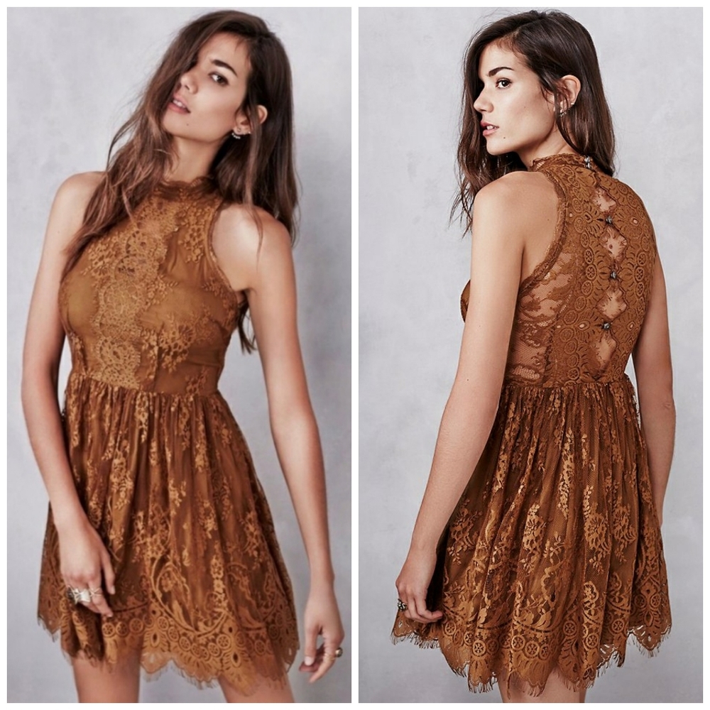 Free People Lace High Neck Mustard Dress